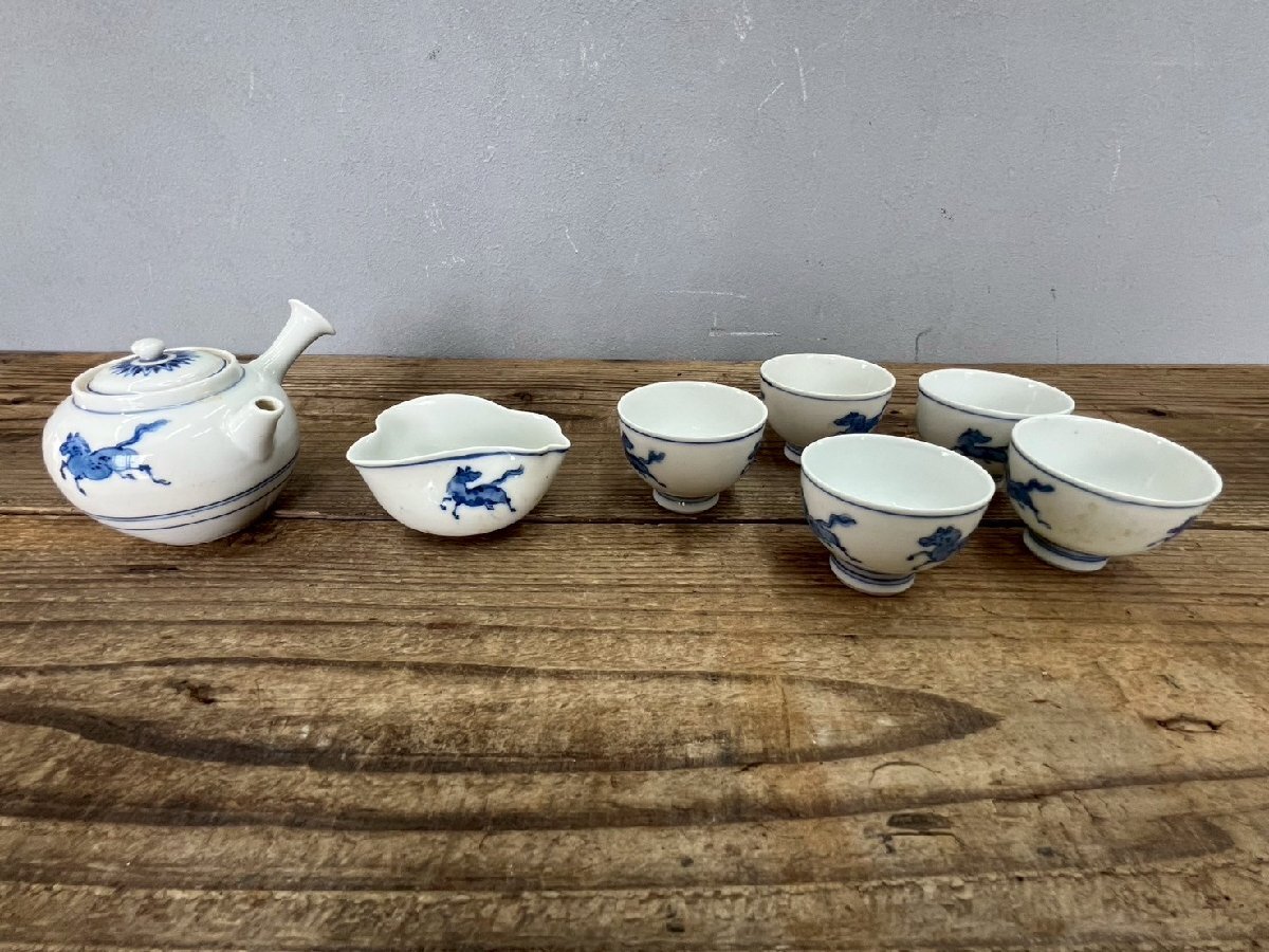 骨董 時代物 ヴィンテージ 道八 馬 うま 染付 急須 湯冷まし 湯呑 茶器セット★5客拍卖