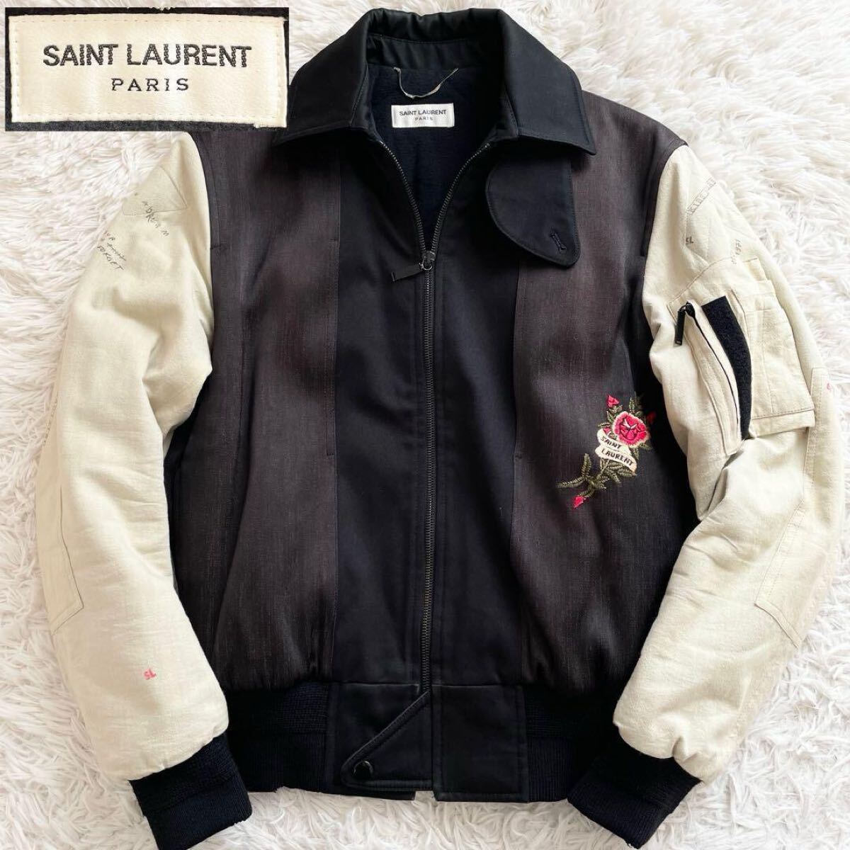 希少 SAINT LAURENT PARIS 17AW 刺繍 ボンバージャケット 切替 再構築 ブラック カーキ サンローラン メンズ ブルゾン MA-1 ジャンパー 黒拍卖