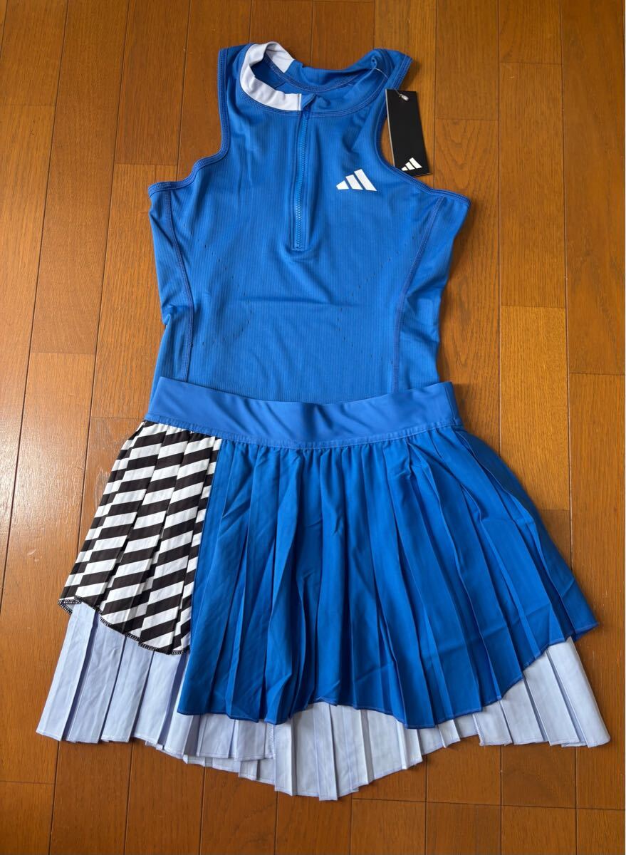 ★アディダス プリーツスカート+レオタード セット テニス 新品 L ブルー15,400円 HY5917 NY レオタード プロ ワンピース ドレス拍卖