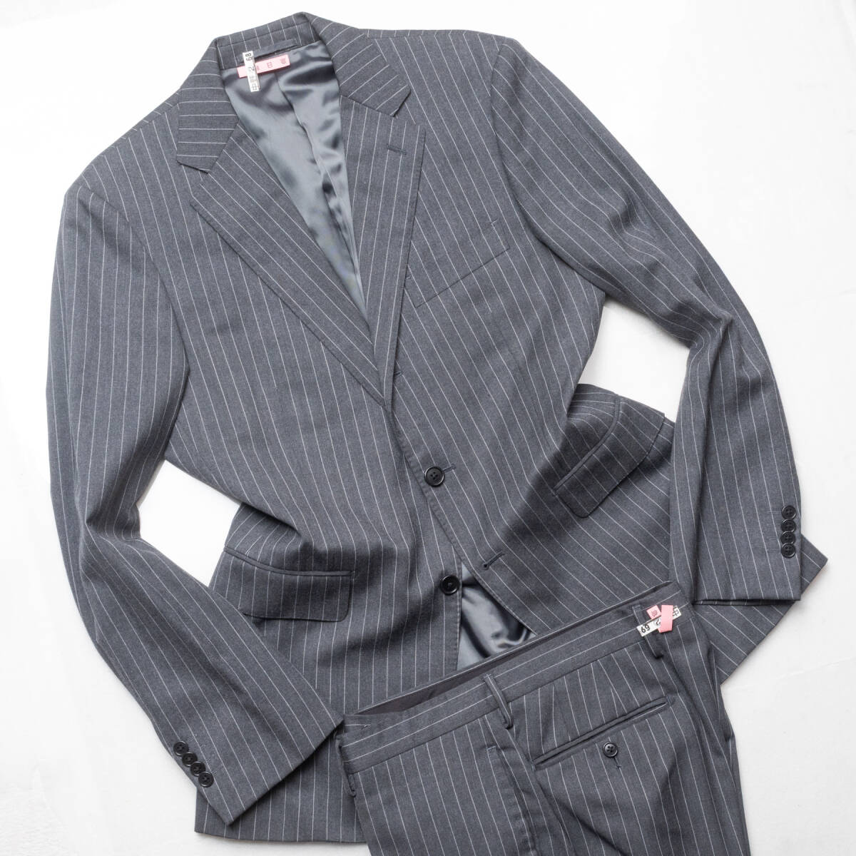 【表記48 / L相当】良品『UNITED ARROWS』セットアップスーツ ウール混 やや厚手 段返り2B ノータック グレー系ストライプ 秋冬 メンズ拍卖