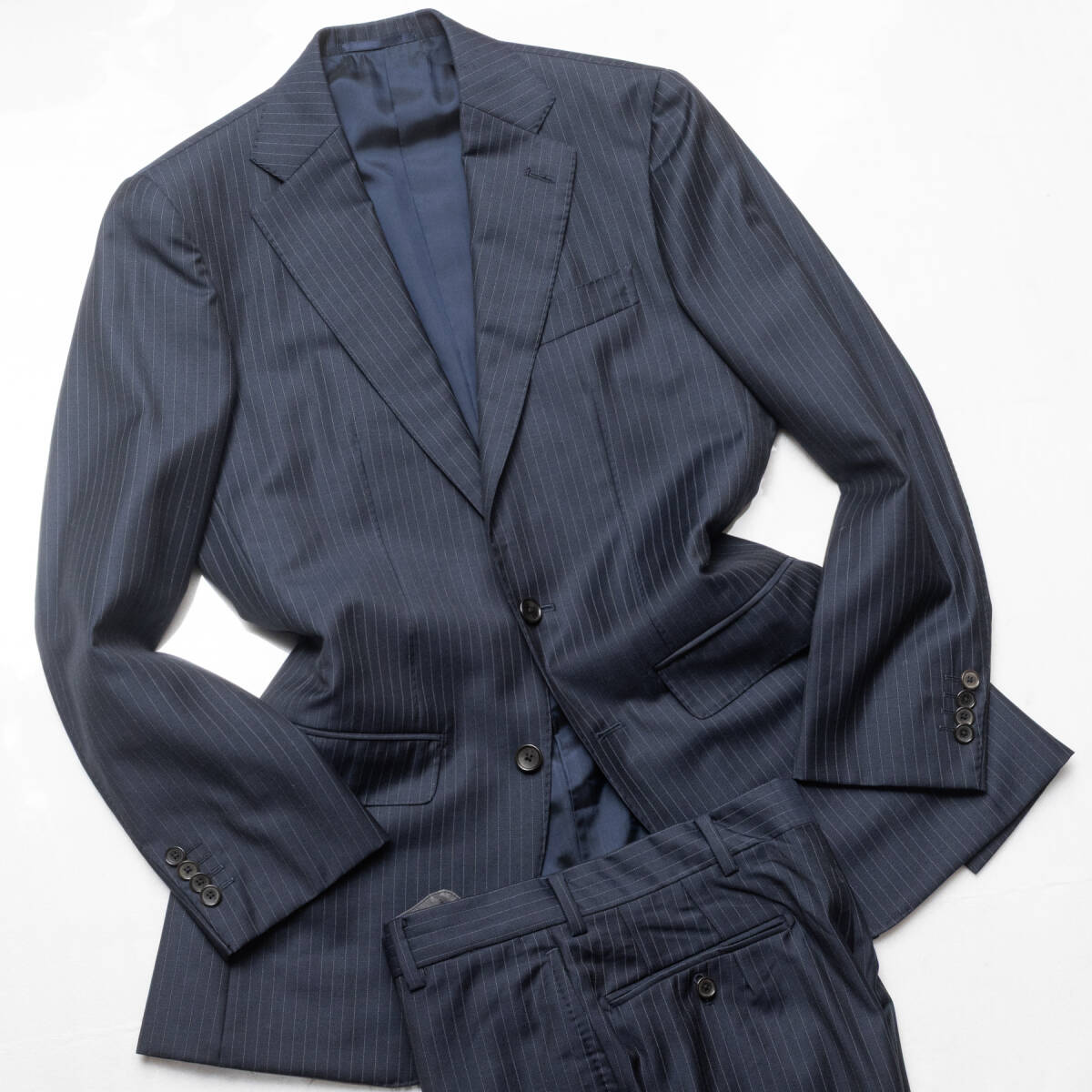 【表記42/XS-S相当】良品 高級国産モデル!『EDIFICE』 セットアップ スーツ ウール100% 紺系 オールシーズン メンズ拍卖