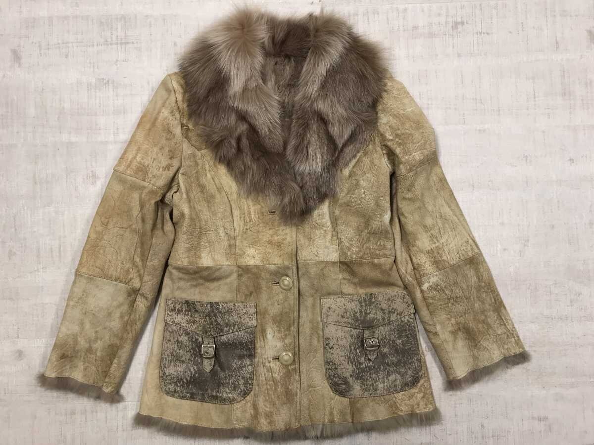 レトロ ユーロ エレガント モード フラップポケット ショールカラー ムートン レザーコート レディース ブルーフォックス M~L ベージュ拍卖