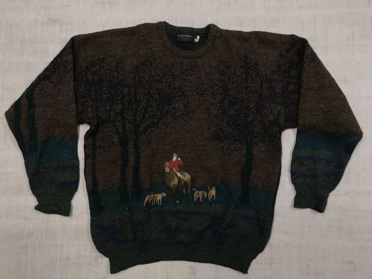 ITALY製 Collection Hundred Club レトロ トラッド カントリー 乗馬 ハンティング 刺繍 森林 ジャガードニット セーター メンズ L 茶色拍卖