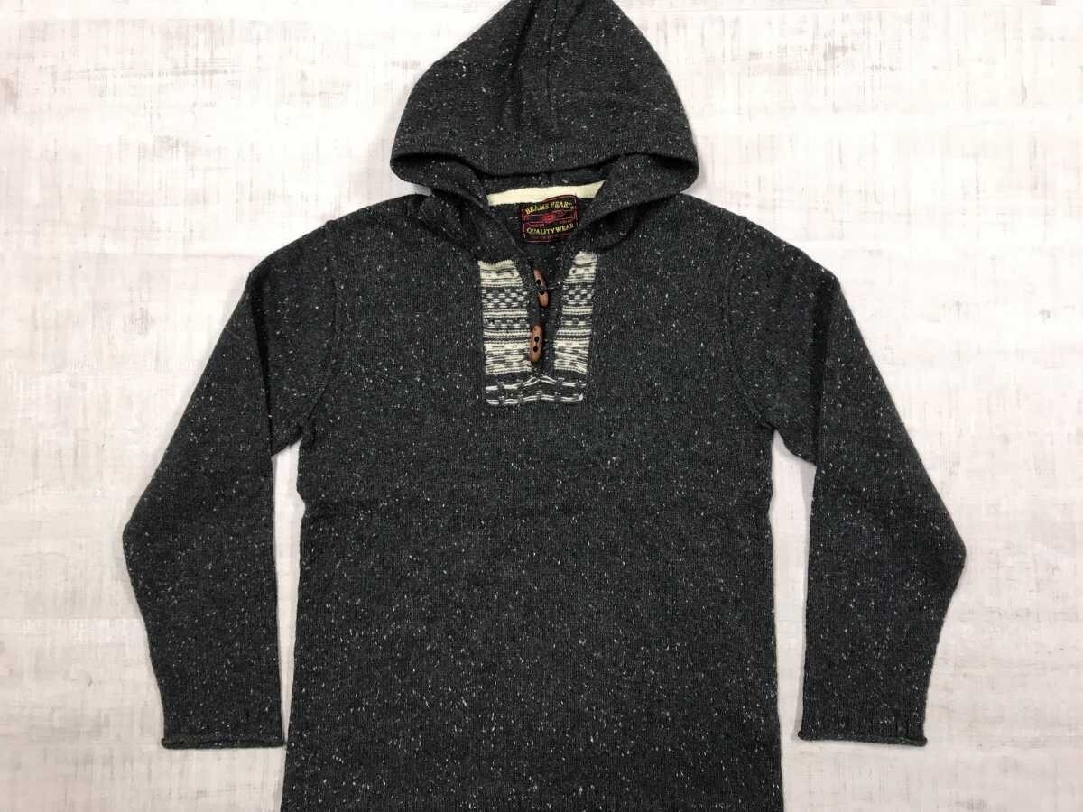 ビームス ハート BEAMS HEART レトロ アメカジ ネイティブ柄 胸元切替 トグルボタン ネップ ニット パーカー メンズ M グレー拍卖