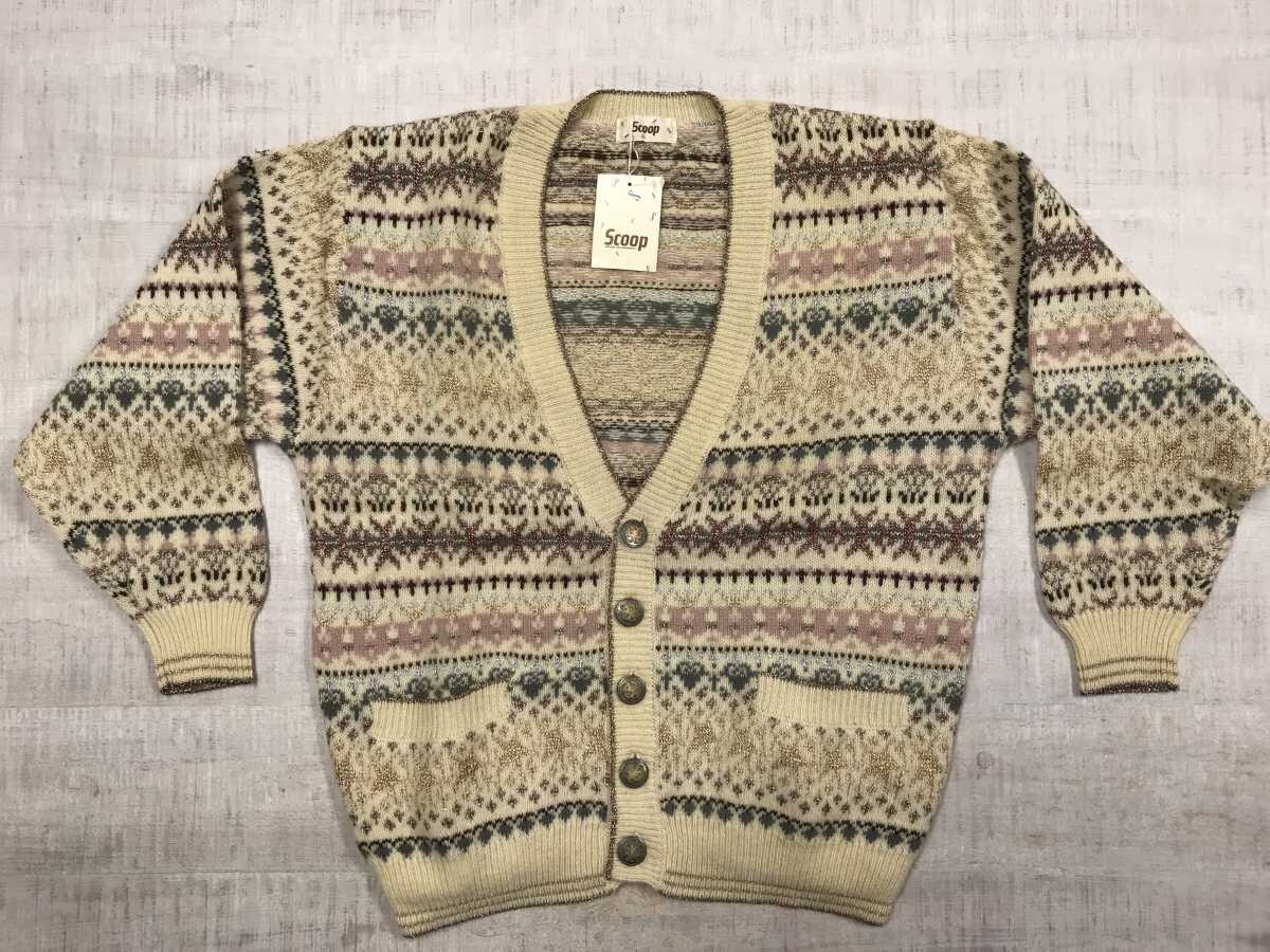 新品 Scoop スクープ レトロ カントリー ガーリー 装飾ボタン 総柄 ラメ ジャガード ボーダー ニット カーディガン レディース M ベージュ拍卖