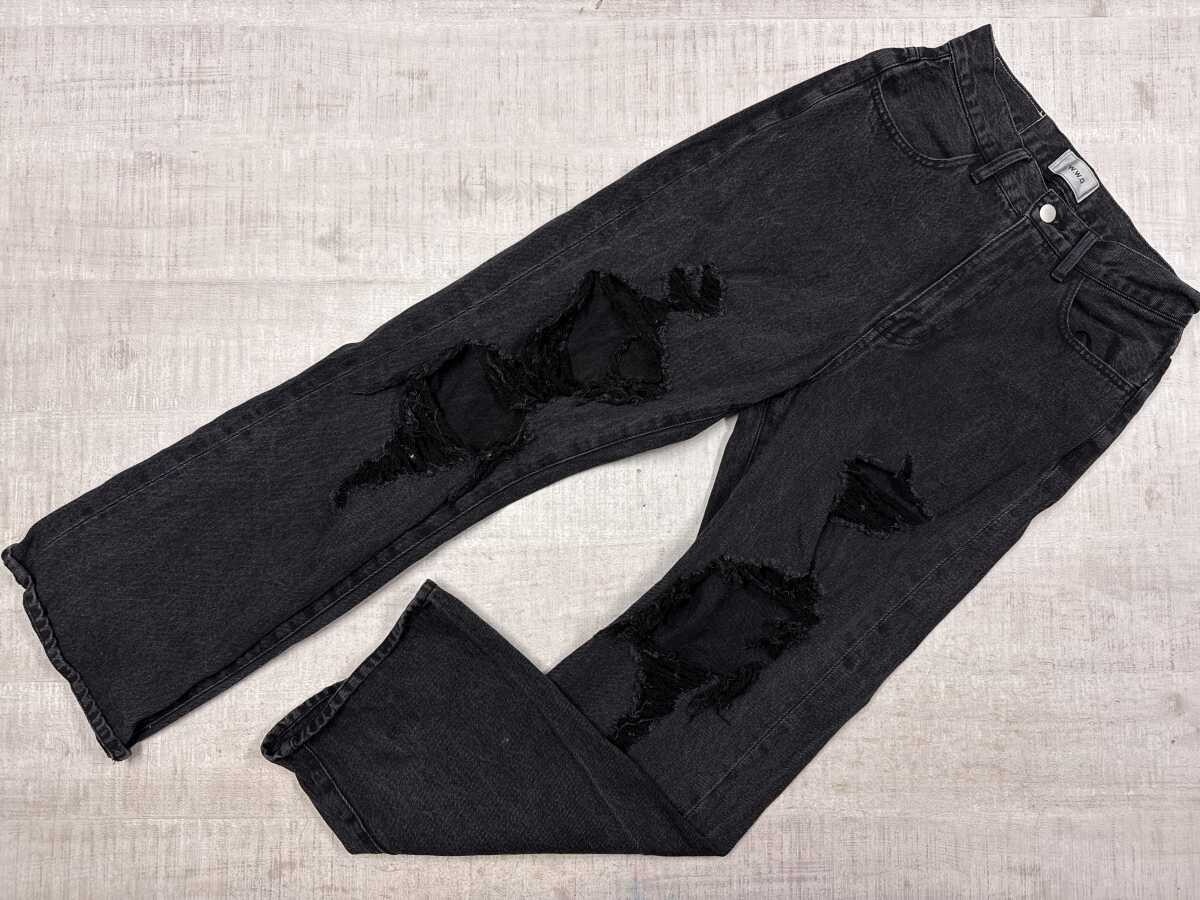 フーズフーギャラリー WHO’S WHO gallery グランジ ストリート ダメージ加工 ストレート ブラックデニム パンツ ジーンズ レディース S 黒拍卖