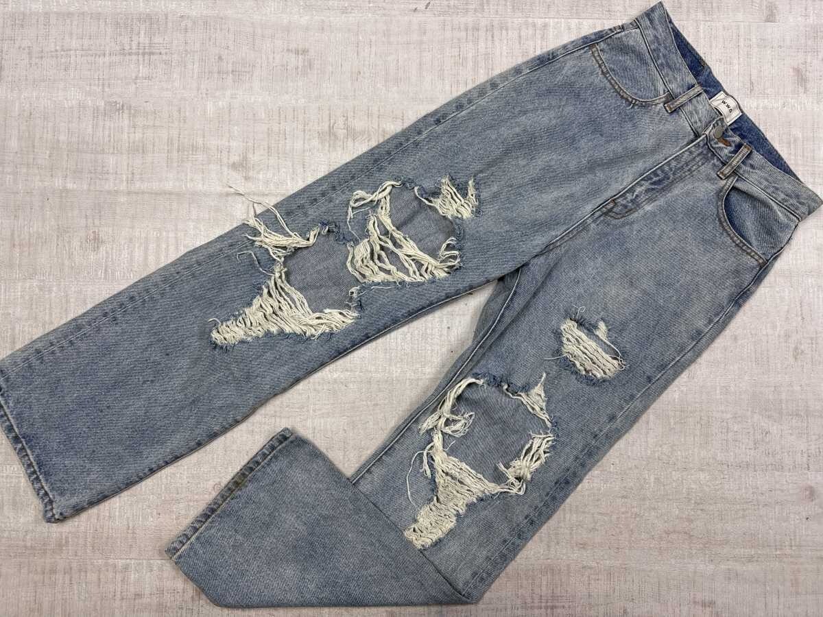 フーズフーギャラリー WHO’S WHO gallery グランジ ギャル ダメージ加工 ストレート ウォッシュ デニム パンツ ジーンズ レディース F 青拍卖