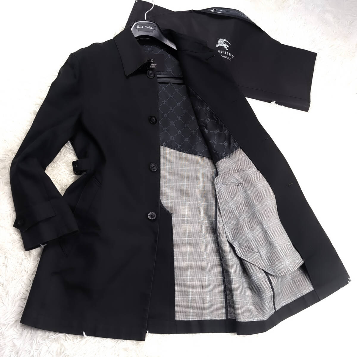 幻級モノグラム柄BURBERRY BLACK LABELナポレオンコートL~Mマリンコート黒ノバチェック柄 大きいサイズ ブラレ バーバリーブラックレーベル拍卖