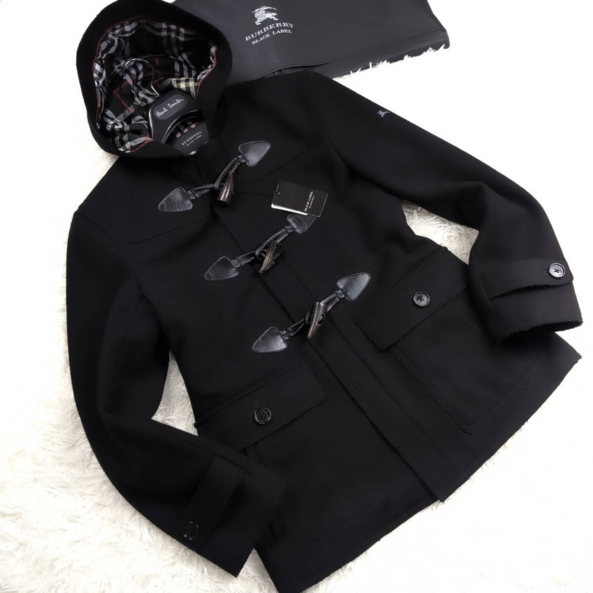 激レアトグル釦BURBERRY BLACK LABELマリンダッフルコートL~Mナポレオンジャケット黒ノバチェック柄ブラレ バーバリーブラックレーベル拍卖
