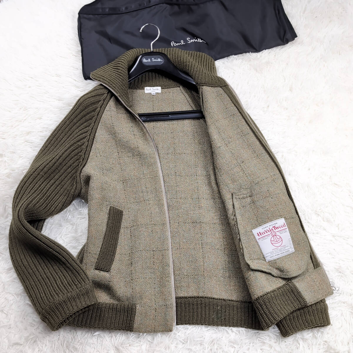 極美品幻Harris Tweed×Paul Smithメルトンツイード ジップアップトラックジャケットL~Mドライバーズニット緑ハリスツイード ポールスミス拍卖
