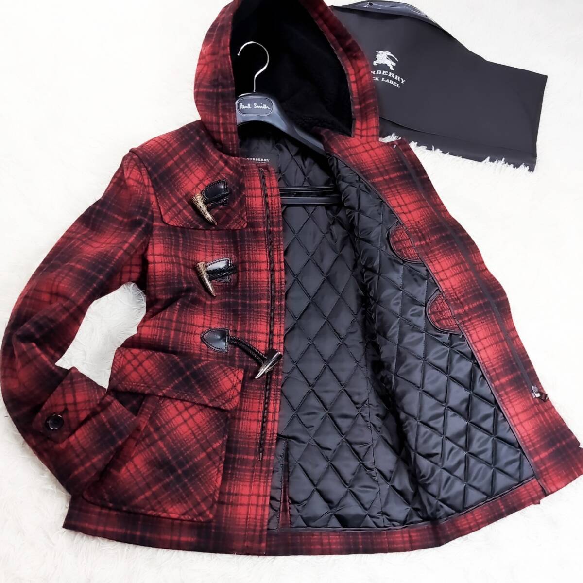 極美品トグル釦BURBERRY BLACK LABEL FムートンボアマリンダッフルコートL~Mノバチェック柄ジャケット ブラレ バーバリーブラックレーベル拍卖