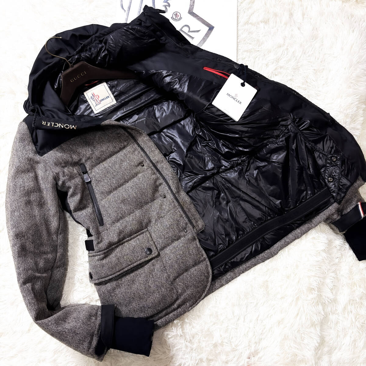 定価36万XXL~LL!MONCLERダウンジャケット認証済み確実正規品3L~XLワンポイント袖ロゴワッペン バーズアイ柄織りツイード生地モンクレール拍卖