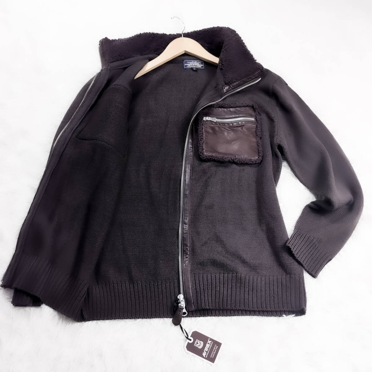 極暖FムートンボアAVIREX FムートンボアラムレザージャケットXXL~XLドッキングリブニットデザイン焦茶トラックジャケットLLアヴィレックス拍卖