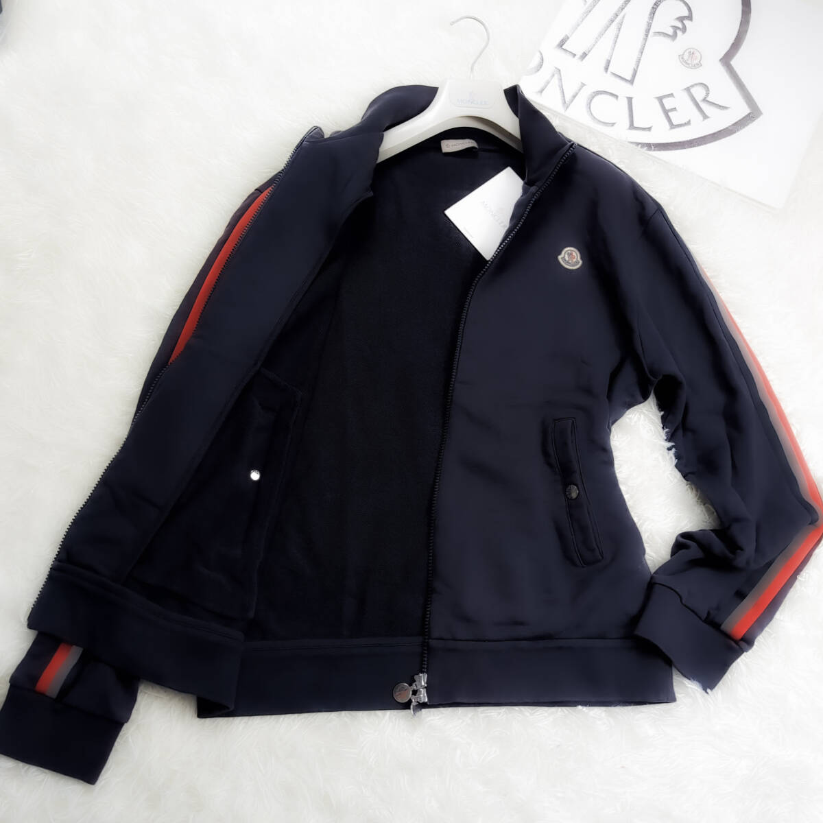 極暖起毛XXL~XL!MONCLERジップアップオーバーパーカー認証済み確実正規品トリコロールカラーリブライン紺トラックジャケットLLモンクレール拍卖