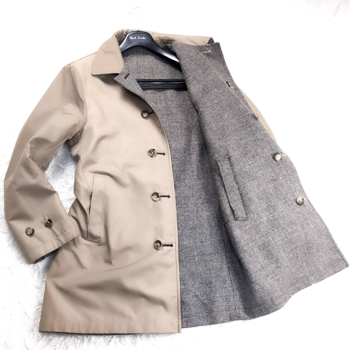 未使用級リバーシブルBROOKS BROTHERS 2wayリバーシブルコート グレンチェック柄ツイードコートXL.LL~Lベージュ48大きブルックスブラザーズ拍卖