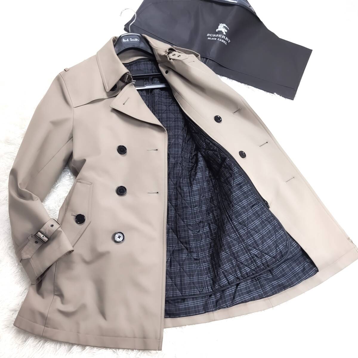 絶版極上の風格BURBERRY BLACKLABELナポレオンコートXL.LL~Lトレンチ肌ノバチェック柄キャメルべージュ ブラレ バーバリーブラックレーベル拍卖