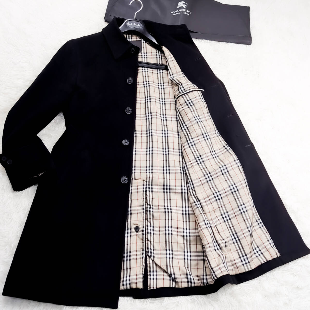 未使用級カシミアBURBERRY BLACKLABELナポレオンコート ピュアカシミヤ入マリンコートL~Mノバチェック柄ブラレ バーバリーブラックレーベル拍卖