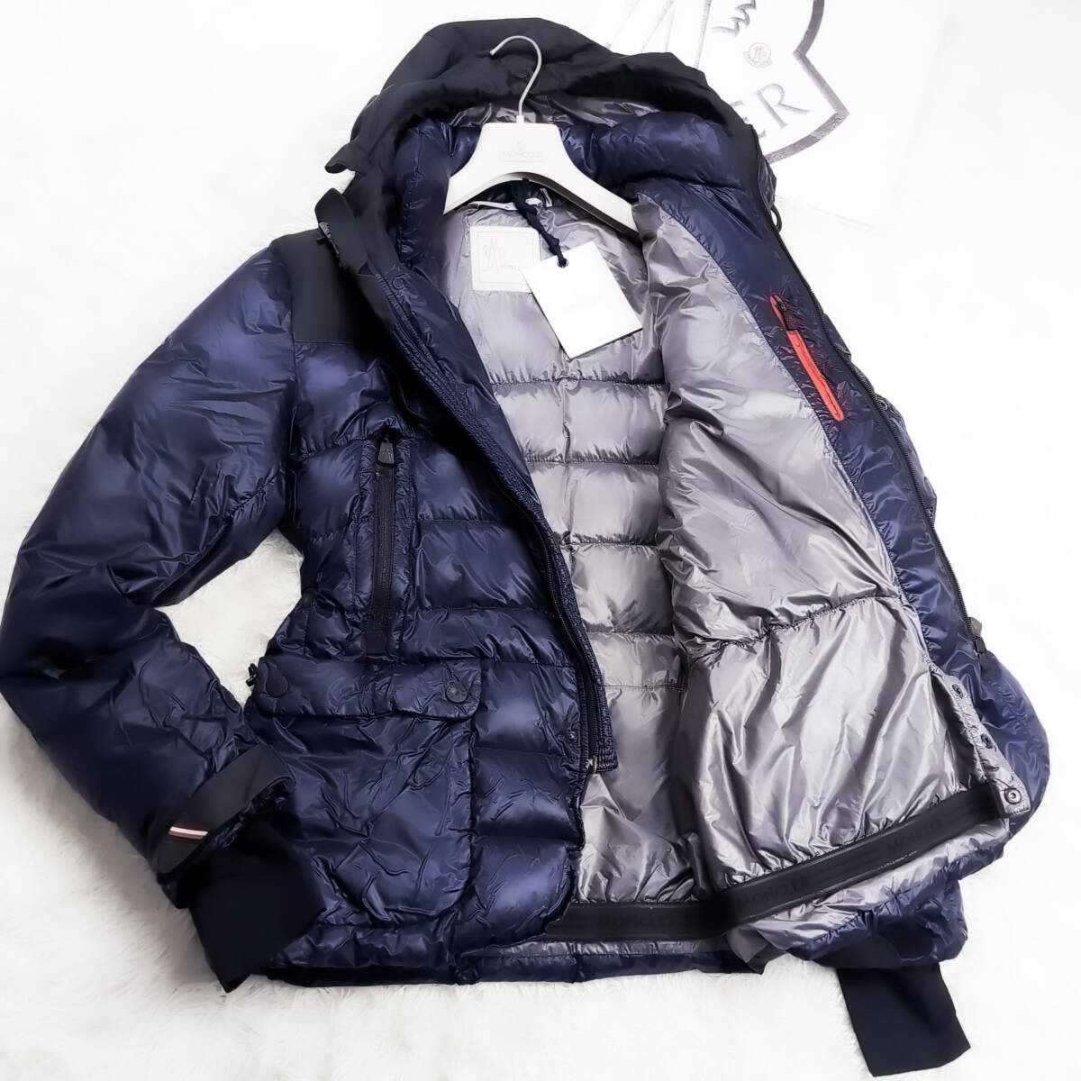 定価38万XXL~XL!MONCLER 2wayフード付ダウンジャケット認証済確実正規品ネイビー紺ブラック黒バイカラーLLキルティングコート モンクレール拍卖