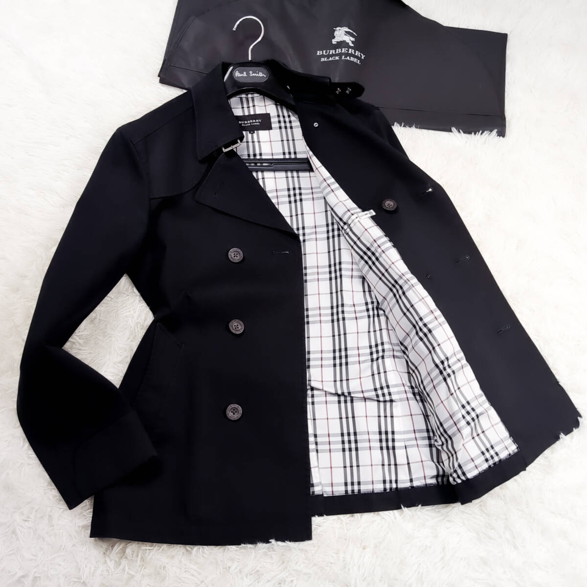極暖極美品BURBERRY BLACK LABELナポレオンコートL~MマリンPコート銀ベルト金具ノバチェック柄 大きい黒ブラレ バーバリーブラックレーベル拍卖
