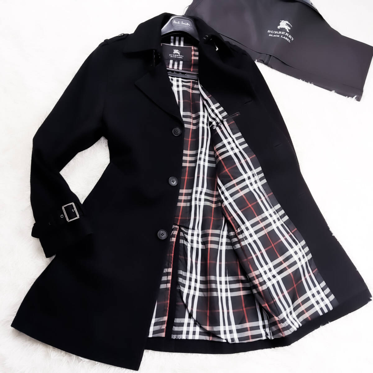 極美品カシミヤBURBERRY BLACKLABELナポレオンコートL~Mマリントレンチ黒ノバチェック ピュアカシミア入ブラレ バーバリーブラックレーベル拍卖