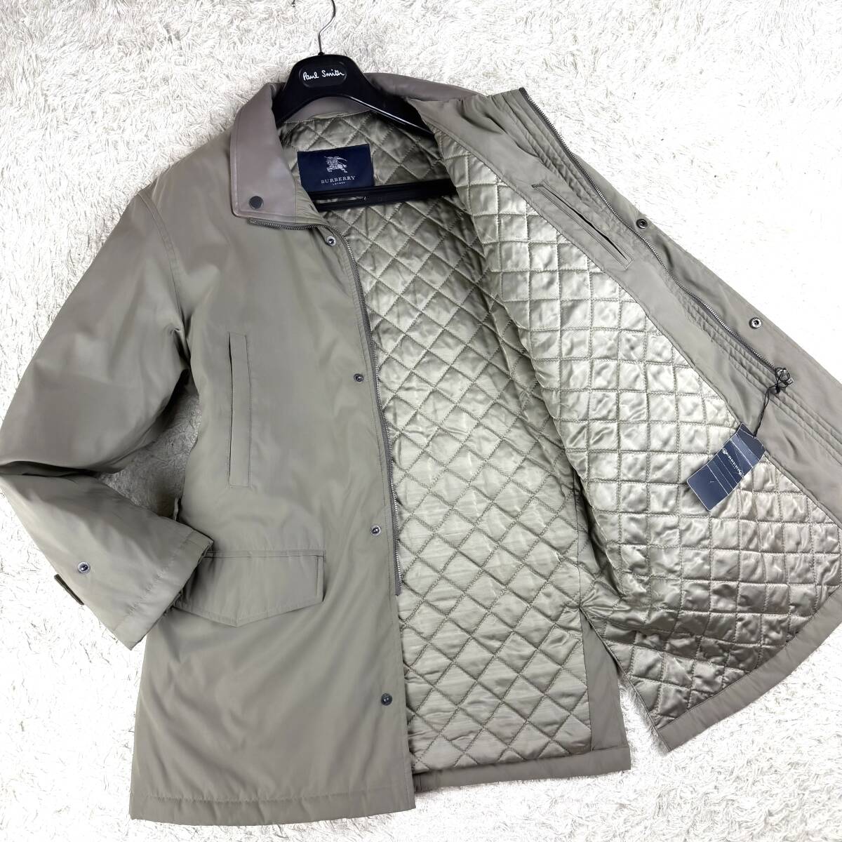 極美品羊革BURBERRY LONDONナポレオンコートL~Mマリンラムレザーコート中綿キルティング裏ナッパ カーキ ノバチェック柄バーバリーロンドン拍卖