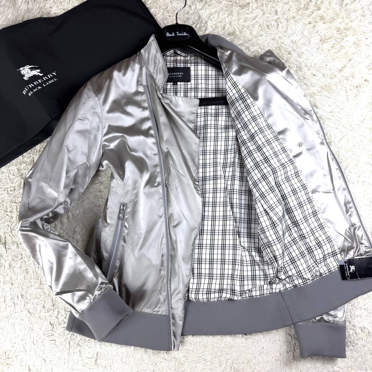 未使用級白銀BURBERRY BLACK LABELダブルライダースジャケットL~Mプラチナシルバー銀釦ノバチェック柄ブラレ バーバリーブラックレーベル拍卖