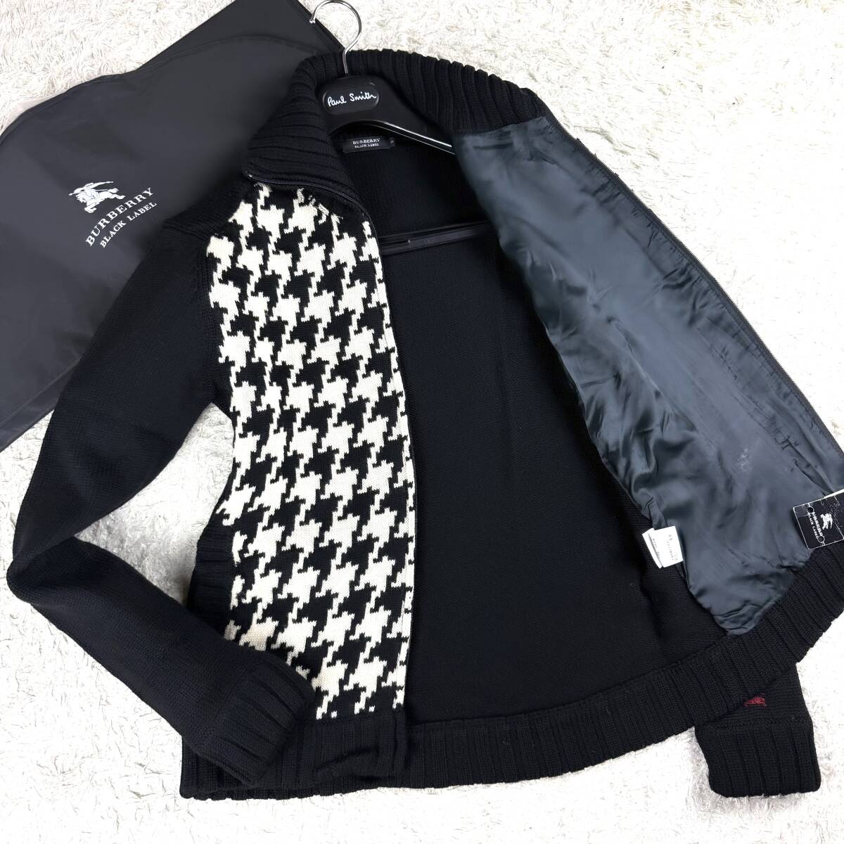 極美品千鳥柄BURBERRY BLACKLABELジップアップトラックジャケットLMメガハウンドトゥース黒ノバチェックブラレ2バーバリーブラックレーベル拍卖