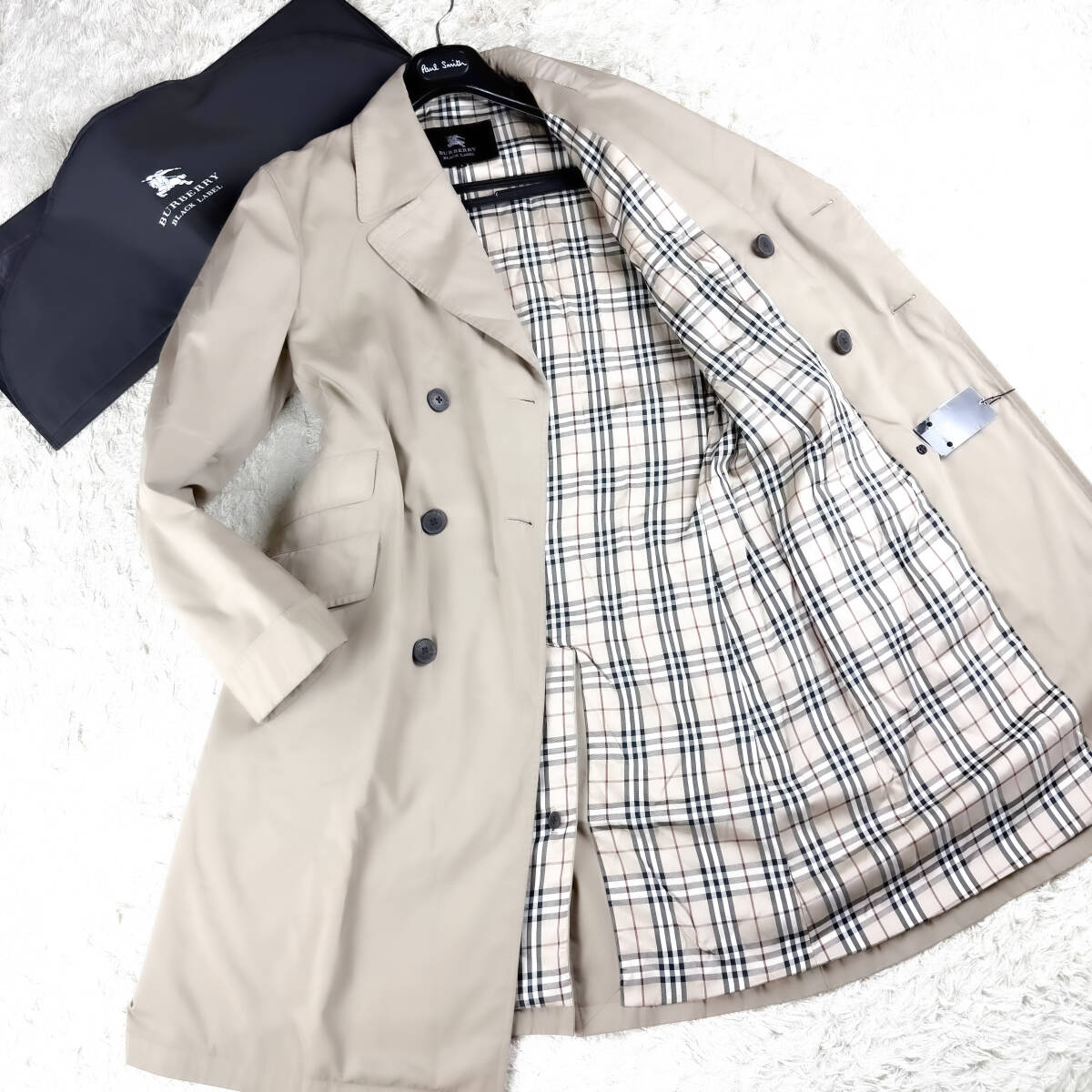 絶版激レアロングBURBERRY BLACK LABELナポレオンコートXL.LL~Lマリントレンチ ノバチェック柄ベージュ ブラレ バーバリーブラックレーベル拍卖