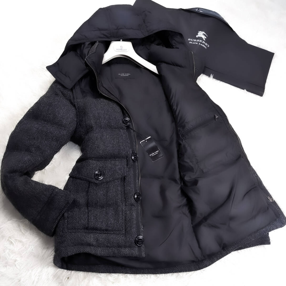 極暖ツイード4way!BURBERRY BLACK LABEL 4wayフード付きダウンジャケットXL.LL~Lコート黒ヘリンボーン柄ブラレ バーバリーブラックレーベル拍卖
