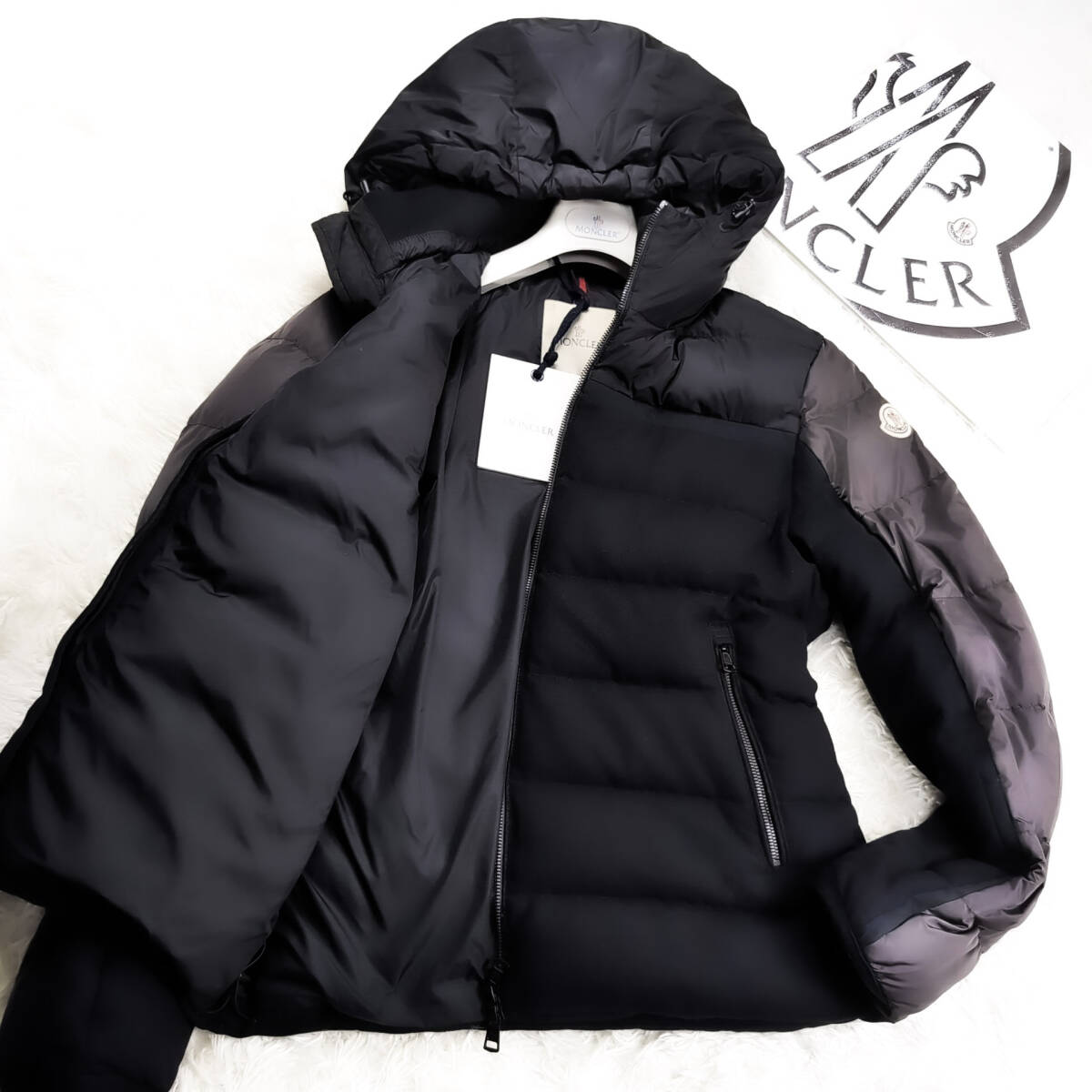 極美品ツイードMONCLERフード付ダウンジャケットXL.LL~L認証済み確実正規品JULIO袖ロゴワッペン黒灰ブラックグレー2大コート モンクレール拍卖