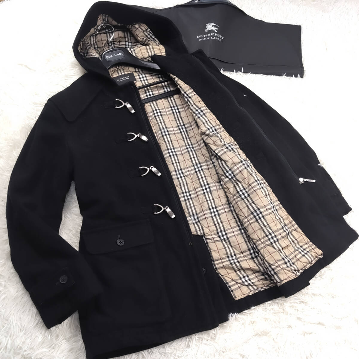 極上銀金具BURBERRY BLACK LABELナポレオンダッフルコートXL.LL~Lファイヤーマンコート黒ノバチェック柄ブラレ バーバリーブラックレーベル拍卖