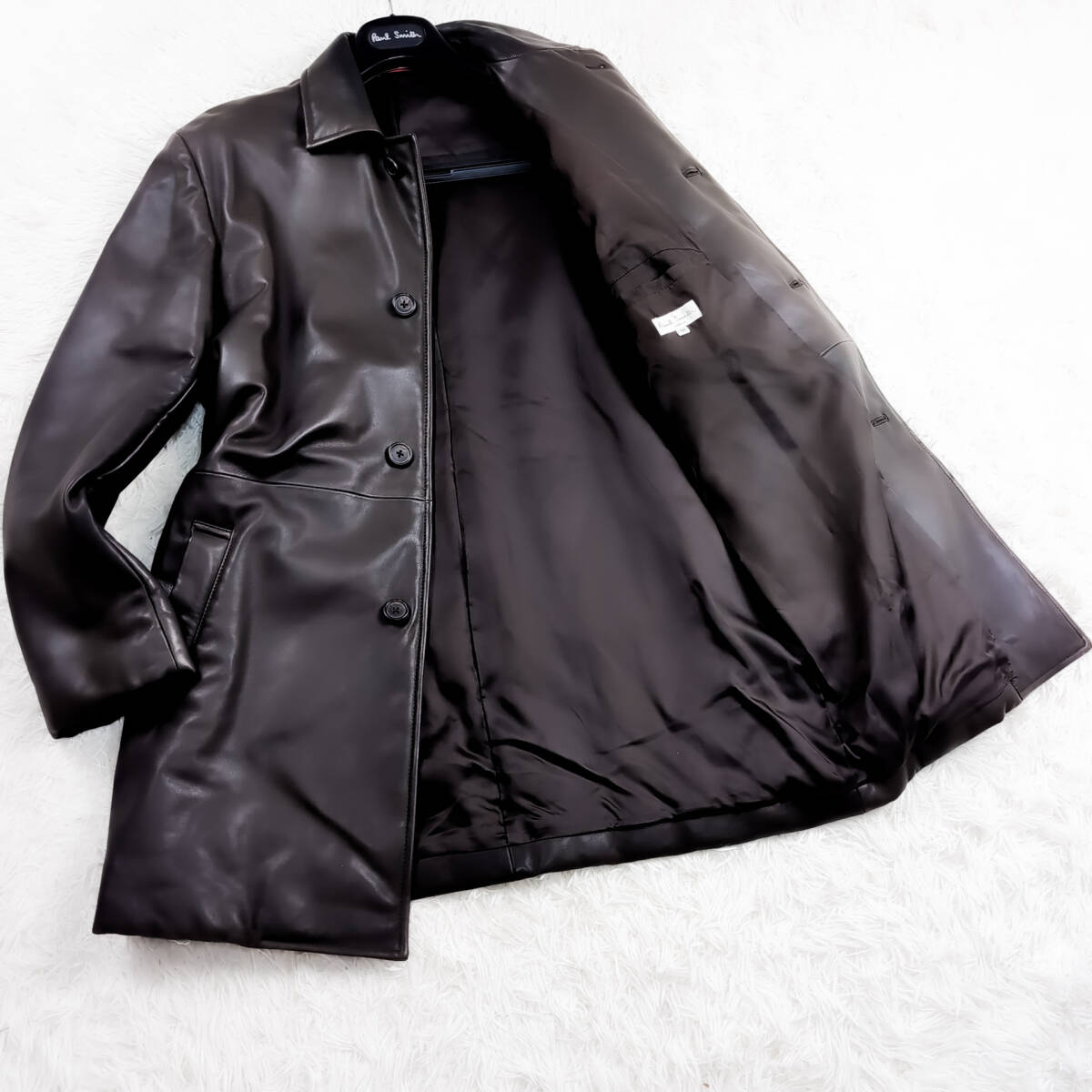 未使用級羊革PaulSmith LondonマリンラムレザーコートL~Mナポレオンステンカラーコート黒焦茶ブラックブラウン大きい ポールスミスロンドン拍卖