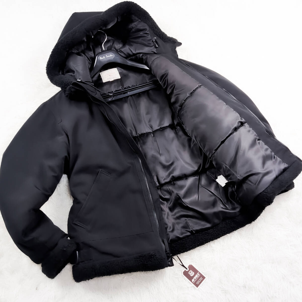 極美品FムートンAVIREX FムートンボアフーディーフライトジャケットB-3 XXL~XL.LLブラック黒USミリタリー大きいサイズ アヴィレックス拍卖