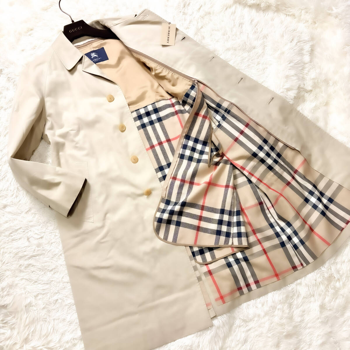 極美品カシミヤBURBERRY LONDON 2wayカシミアライナー入りナポレオンコート マリンXL.LL~Lゴールド金色ノバチェック柄バーバリーロンドン拍卖