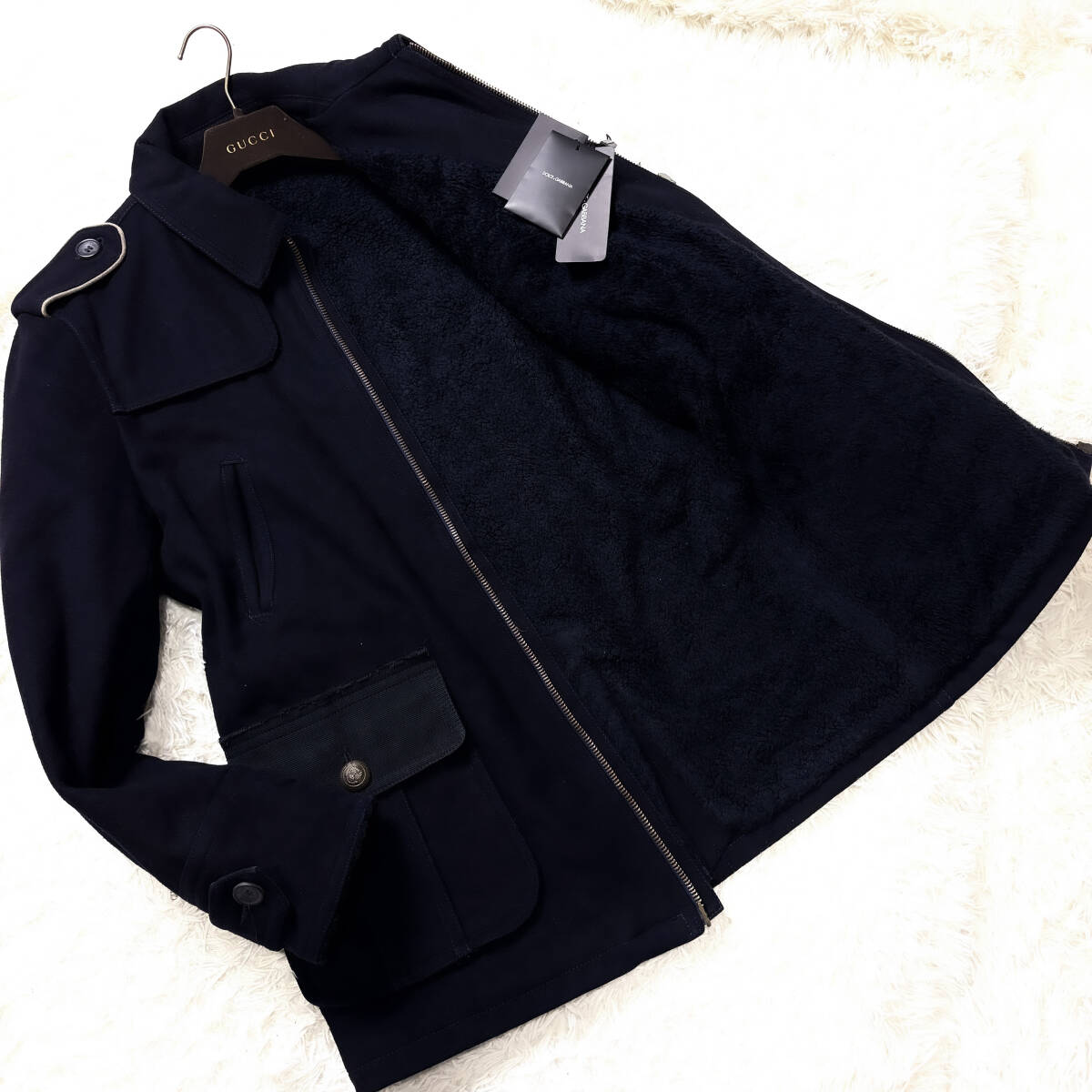 Fムートン銀釦DOLCE&GABBANAナポレオンコートL~Mマリンムートンボアトレンチコート46ダークネイビー紺 大きいドルガバ ドルチェ&ガッバーナ拍卖