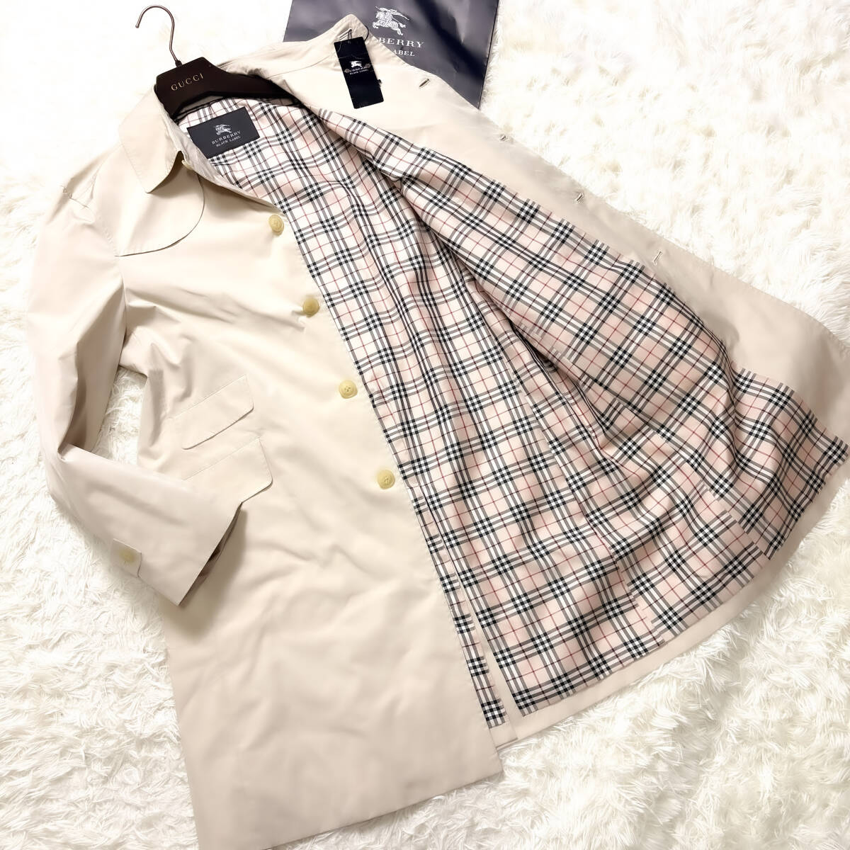 未使用級BURBERRY BLACK LABELナポレオンコートXL.LL~Lステンカラーコート肌色ベージュ ノバチェック柄ブラレ バーバリーブラックレーベル拍卖
