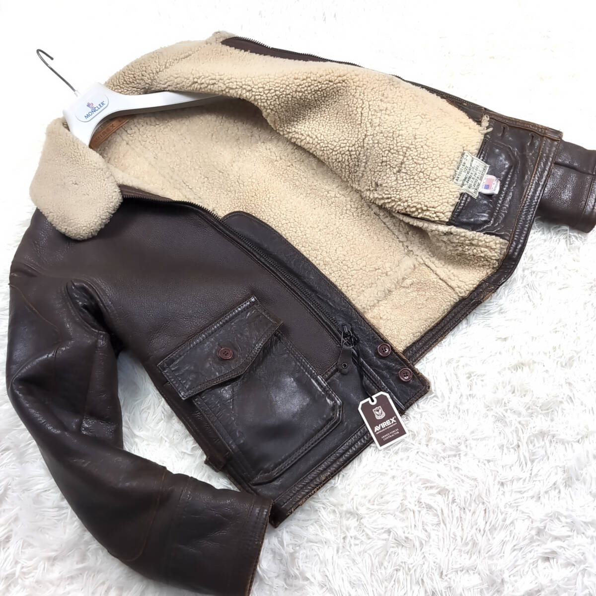 激レアムートンAVIREXムートンボアフライトジャケットJ-4濃茶ブラウン羊毛皮USA製L~Mミリタリージャケット大きいサイズ アヴィレックス拍卖