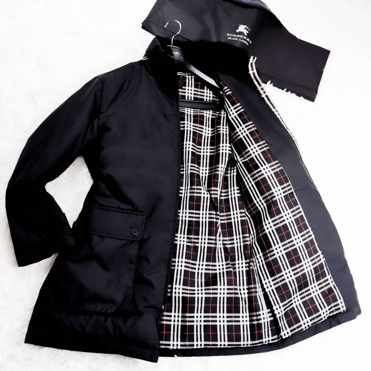 幻ラビットファーBURBERRY BLACKLABEL 2wayダウンナポレオンコート黒ノバチェック柄ダウンジャケットL~Mブラレ バーバリーブラックレーベル拍卖
