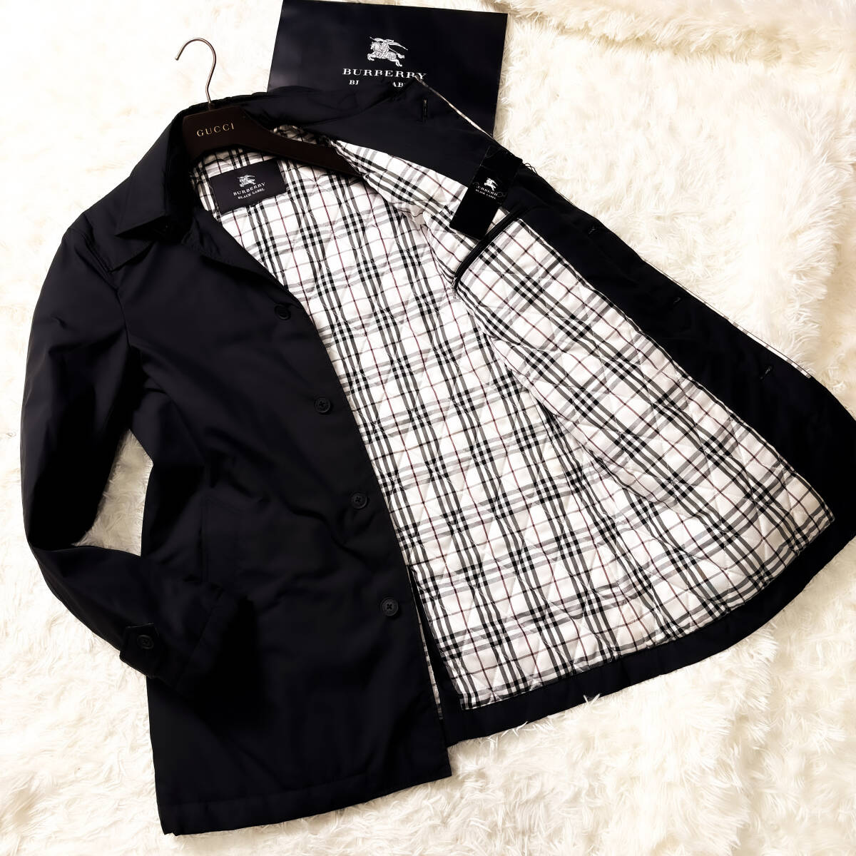 極美品LL~L!BURBERRY BLACK LABELナポレオンコートXL~Lキルティングステンカラーコート黒ノバチェック柄ブラレ バーバリーブラックレーベル拍卖