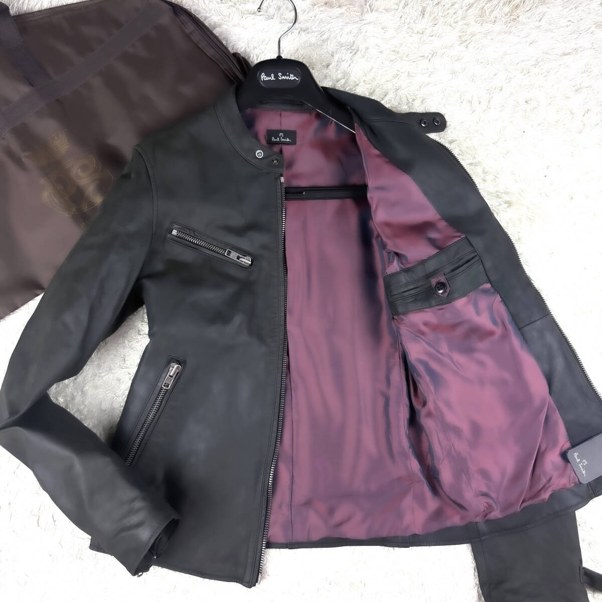 極上真紅牛革Paul Smithカウレザージャケット シングルライダース黒ワインレッドXL.LL~Lブラック カーフスキン大きい ピーエスポールスミス拍卖