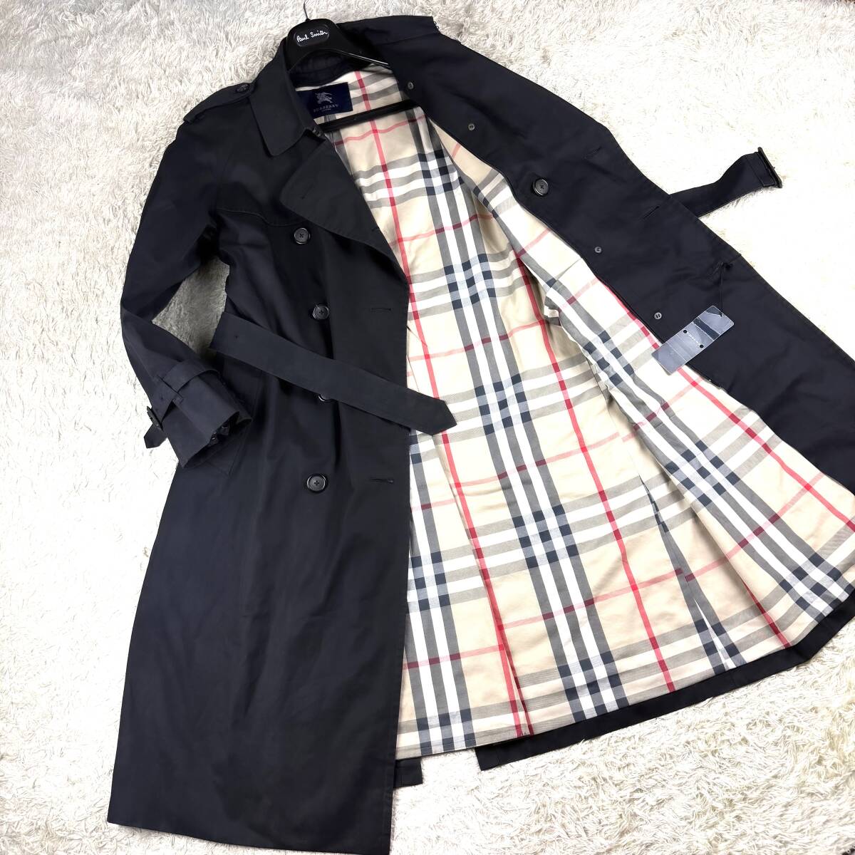 美品メガチェックBURBERRY LONDONナポレオンコートL~Mマリンロングトレンチコート170メガノバチェック柄 大きいサイズ黒バーバリーロンドン拍卖