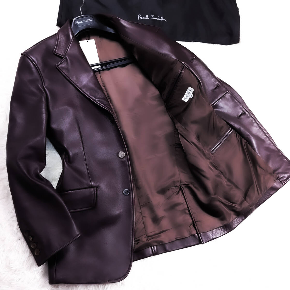 極美品牛革 紅Paul Smith Londonカーフレザーテーラードジャケット赤茶ワインレッド牛革カウレザー ボルドーL~M大きいポールスミスロンドン拍卖