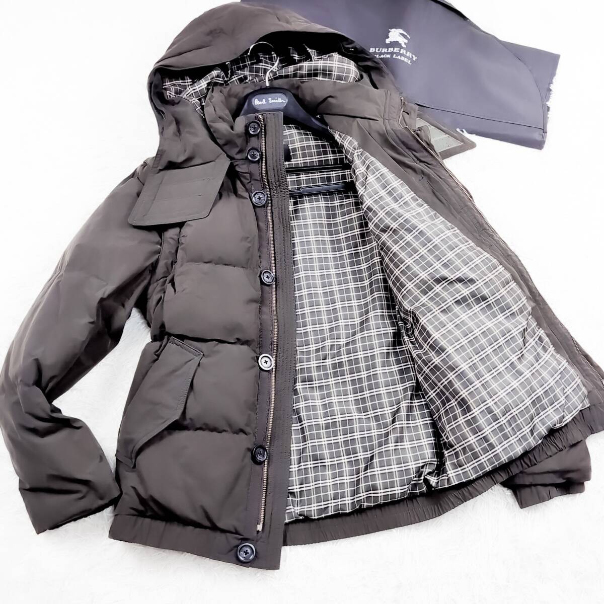 極暖極美品XL~L!BURBERRY BLACK LABEL 4wayスリーブフード付ダウンジャケットLL~Lカーキ ノバチェック柄ブラレ バーバリーブラックレーベル拍卖