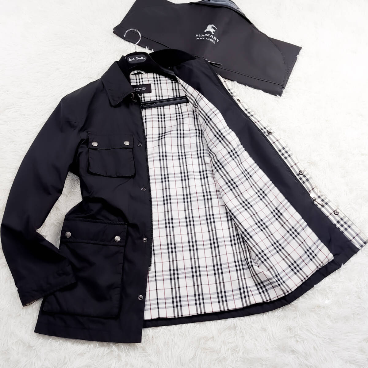 極美品銀釦BURBERRY BLACKLABELナポレオンジャケットXL.LL~Lマリンミリタリージャケット黒ノバチェック ブラレ バーバリーブラックレーベル拍卖