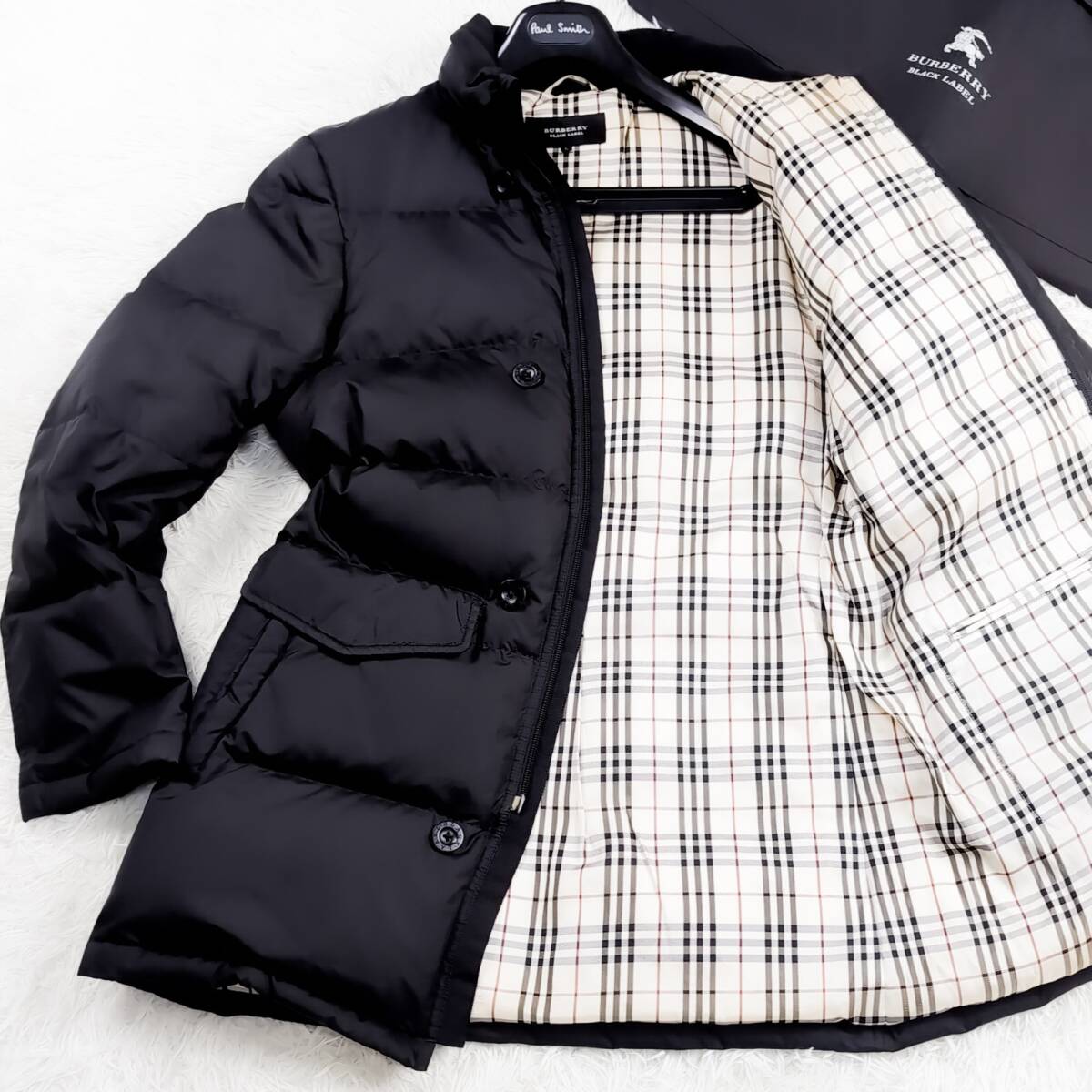 極暖美品BURBERRY BLACK LABEL極暖ダウンコート黒ホワイトグースダウンジャケットXL.LL~Lノバチェック柄ブラレ バーバリーブラックレーベル拍卖