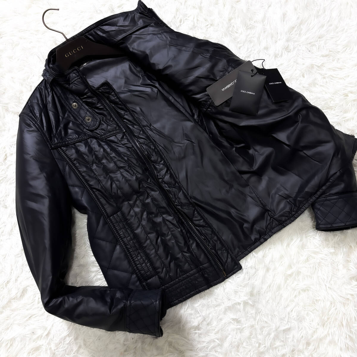 未使用級羊革DOLCE&GABBANAラムレザーキルティングダウンジャケット銀メタルチェーンL~Mシングルライダース46ドルガバ ドルチェ&ガッバーナ拍卖