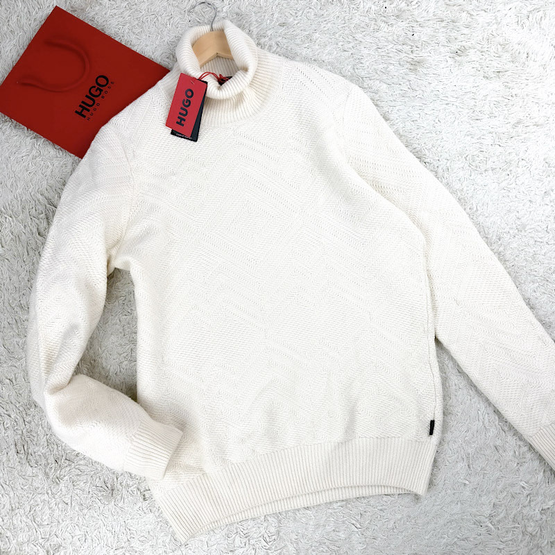極美品XLカシミヤHUGO BOSS極暖ピュアカシミヤ入りリブニットオーバーセーター ケーブルデザインニットLLアイボリー肌色大きいヒューゴボス拍卖