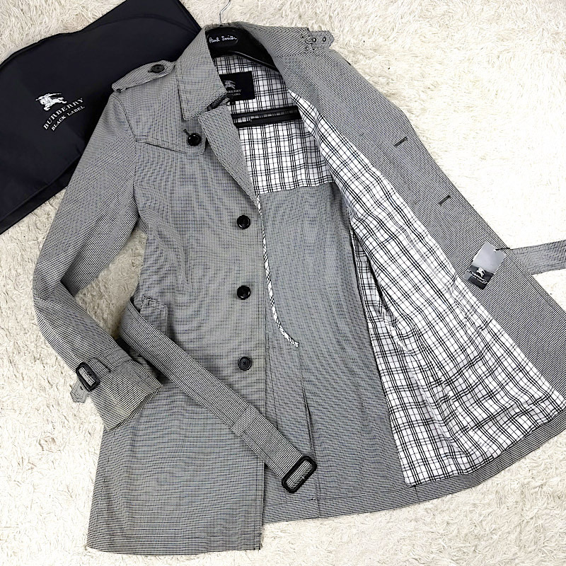 希少千鳥柄BURBERRY BLACKLABELナポレオンコートL~Mトレンチコート灰ハウンドトゥース柄ノバチェック柄ブラレ バーバリーブラックレーベル拍卖