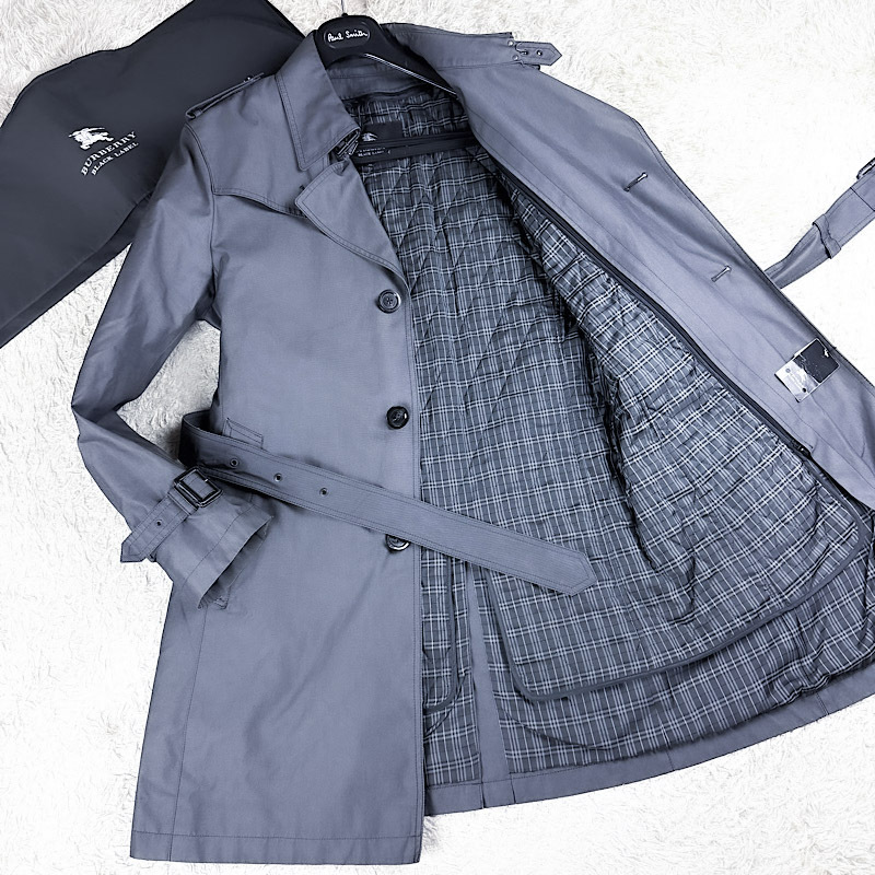 幻XXL~LL!2way!BURBERRY BLACKLABELキルティングライナーナポレオンコートXLトレンチ灰色ノバチェック柄ブラレ バーバリーブラックレーベル拍卖