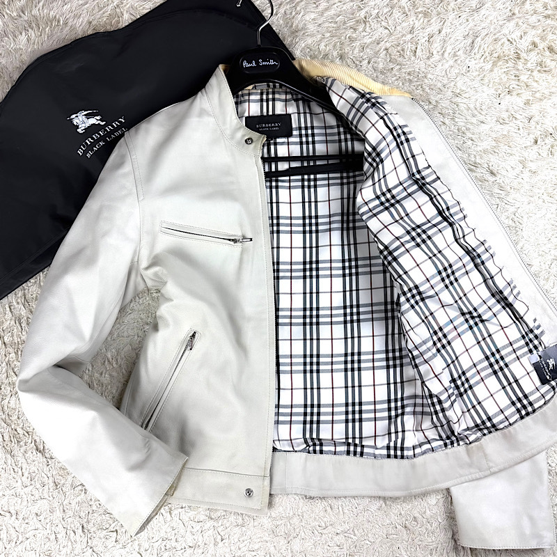 最高級羊革美品BURBERRY BLACK LABELラムレザーライダースジャケットL~Mナッパスキン白ノバチェック柄ブラレ バーバリーブラックレーベル拍卖